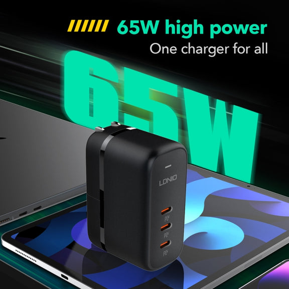 LDNIO Q367 65W GaN 3 x USB-C / Type-C Interface Charger with 1m USB-C / Type-C to USB-C / Type-C Data Cable, Plug Type:UK Plug(Black)