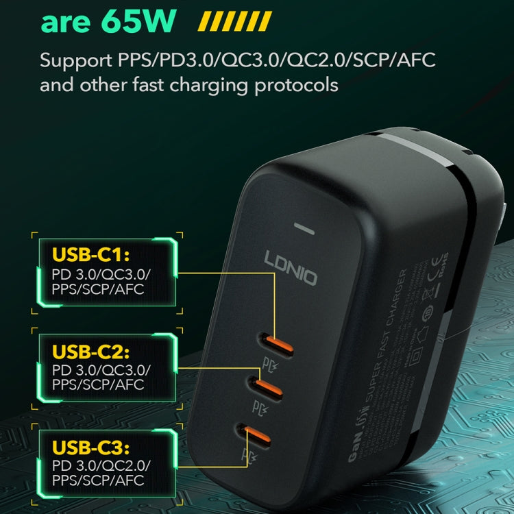 LDNIO Q367 65W GaN 3 x USB-C / Type-C Interface Charger with 1m USB-C / Type-C to USB-C / Type-C Data Cable, Plug Type:UK Plug(Black)