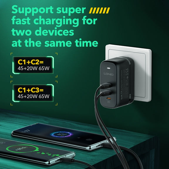 LDNIO Q367 65W GaN 3 x USB-C / Type-C Interface Charger with 1m USB-C / Type-C to USB-C / Type-C Data Cable, Plug Type:EU Plug(Black)