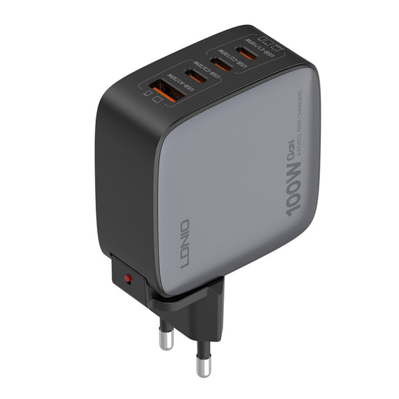 LDNIO Q408 100W GaN USB+3 USB-C / Type-C Interface Charger with 1m 100W USB-C / Type-C to USB-C / Type-C Data Cable, Plug Type:EU Plug(Black)