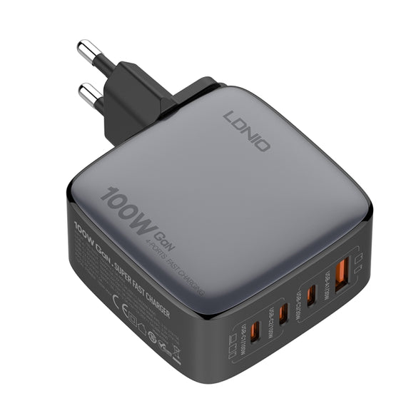 LDNIO Q408 100W GaN USB+3 USB-C / Type-C Interface Charger with 1m 100W USB-C / Type-C to USB-C / Type-C Data Cable, Plug Type:EU Plug(Black)