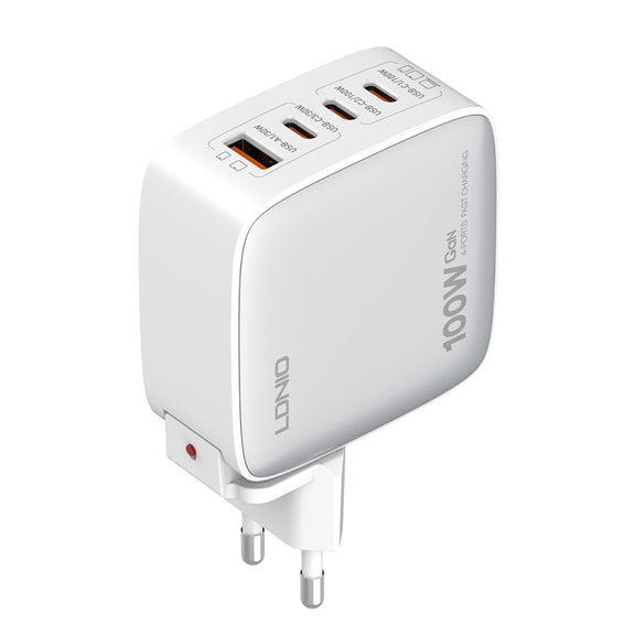 LDNIO Q408 100W GaN USB+3 USB-C / Type-C Interface Charger with 1m 100W USB-C / Type-C to USB-C / Type-C Data Cable, Plug Type:EU Plug(White)