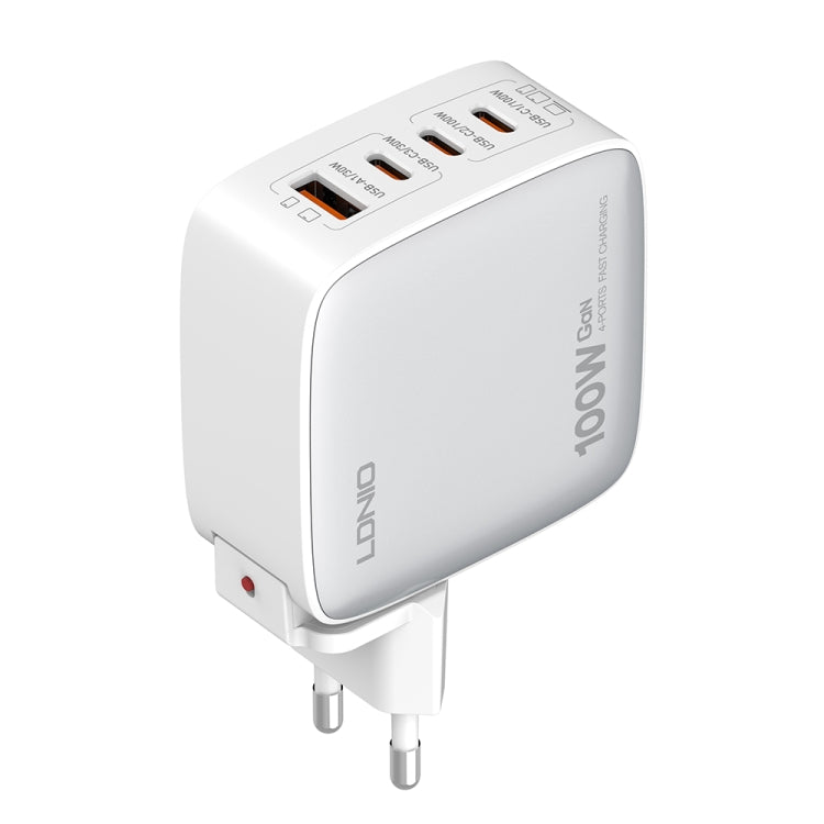 LDNIO Q408 100W GaN USB+3 USB-C / Type-C Interface Charger with 1m 100W USB-C / Type-C to USB-C / Type-C Data Cable, Plug Type:EU Plug(White)