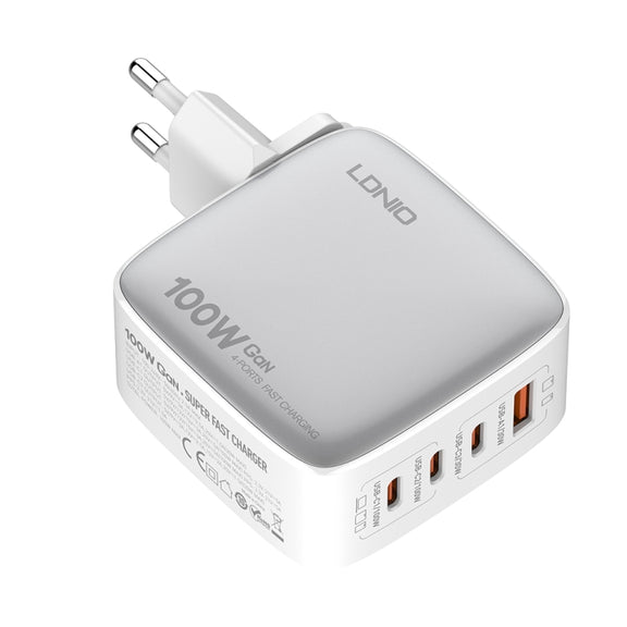 LDNIO Q408 100W GaN USB+3 USB-C / Type-C Interface Charger with 1m 100W USB-C / Type-C to USB-C / Type-C Data Cable, Plug Type:EU Plug(White)
