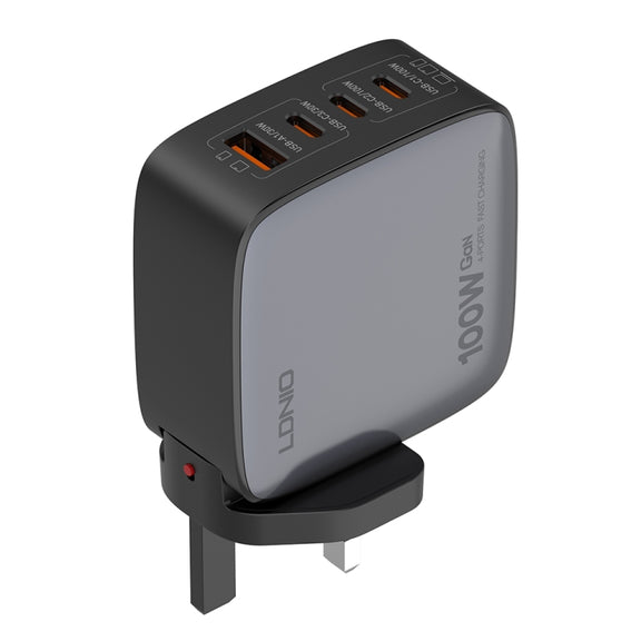LDNIO Q408 100W GaN USB+3 USB-C / Type-C Interface Charger with 1m 100W USB-C / Type-C to USB-C / Type-C Data Cable, Plug Type:UK Plug(Black)