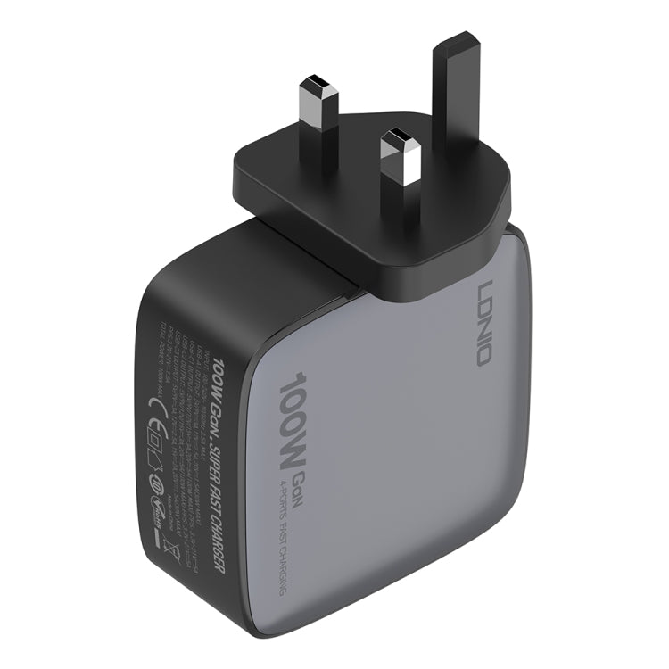 LDNIO Q408 100W GaN USB+3 USB-C / Type-C Interface Charger with 1m 100W USB-C / Type-C to USB-C / Type-C Data Cable, Plug Type:UK Plug(Black)
