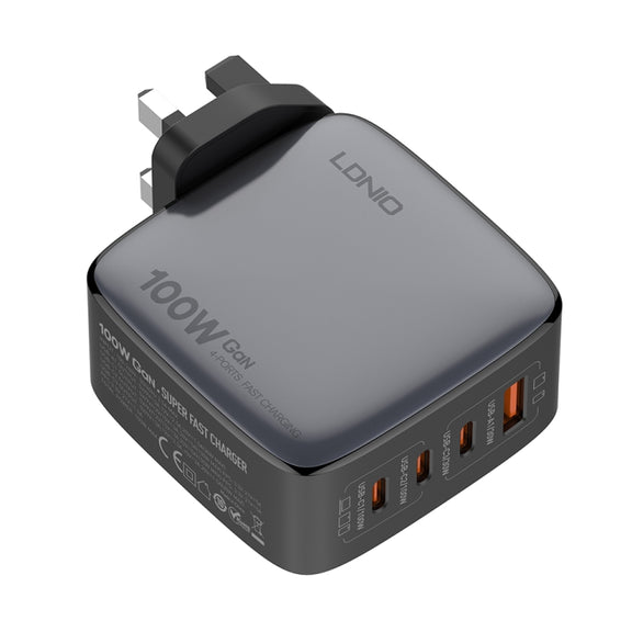 LDNIO Q408 100W GaN USB+3 USB-C / Type-C Interface Charger with 1m 100W USB-C / Type-C to USB-C / Type-C Data Cable, Plug Type:UK Plug(Black)