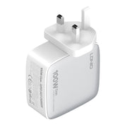 LDNIO Q408 100W GaN USB+3 USB-C / Type-C Interface Charger with 1m 100W USB-C / Type-C to USB-C / Type-C Data Cable, Plug Type:UK Plug(White)