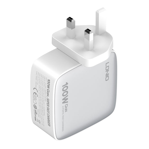 LDNIO Q408 100W GaN USB+3 USB-C / Type-C Interface Charger with 1m 100W USB-C / Type-C to USB-C / Type-C Data Cable, Plug Type:UK Plug(White)
