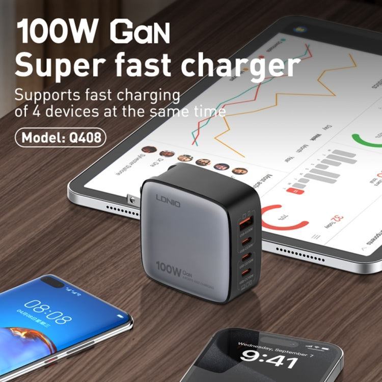 LDNIO Q408 100W GaN USB+3 USB-C / Type-C Interface Charger with 1m 100W USB-C / Type-C to USB-C / Type-C Data Cable, Plug Type:US Plug(Black)