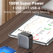LDNIO Q408 100W GaN USB+3 USB-C / Type-C Interface Charger with 1m 100W USB-C / Type-C to USB-C / Type-C Data Cable, Plug Type:US Plug(Black)