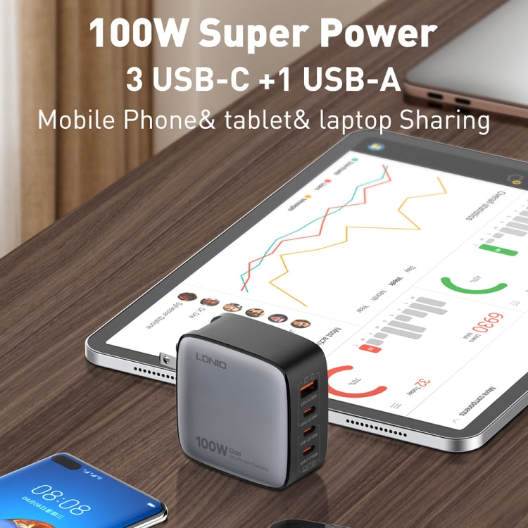 LDNIO Q408 100W GaN USB+3 USB-C / Type-C Interface Charger with 1m 100W USB-C / Type-C to USB-C / Type-C Data Cable, Plug Type:US Plug(Black)