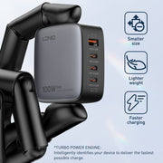 LDNIO Q408 100W GaN USB+3 USB-C / Type-C Interface Charger with 1m 100W USB-C / Type-C to USB-C / Type-C Data Cable, Plug Type:US Plug(Black)
