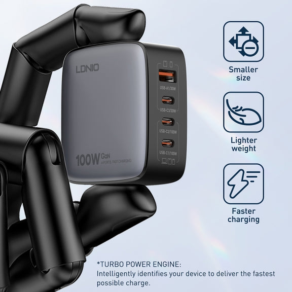 LDNIO Q408 100W GaN USB+3 USB-C / Type-C Interface Charger with 1m 100W USB-C / Type-C to USB-C / Type-C Data Cable, Plug Type:US Plug(Black)