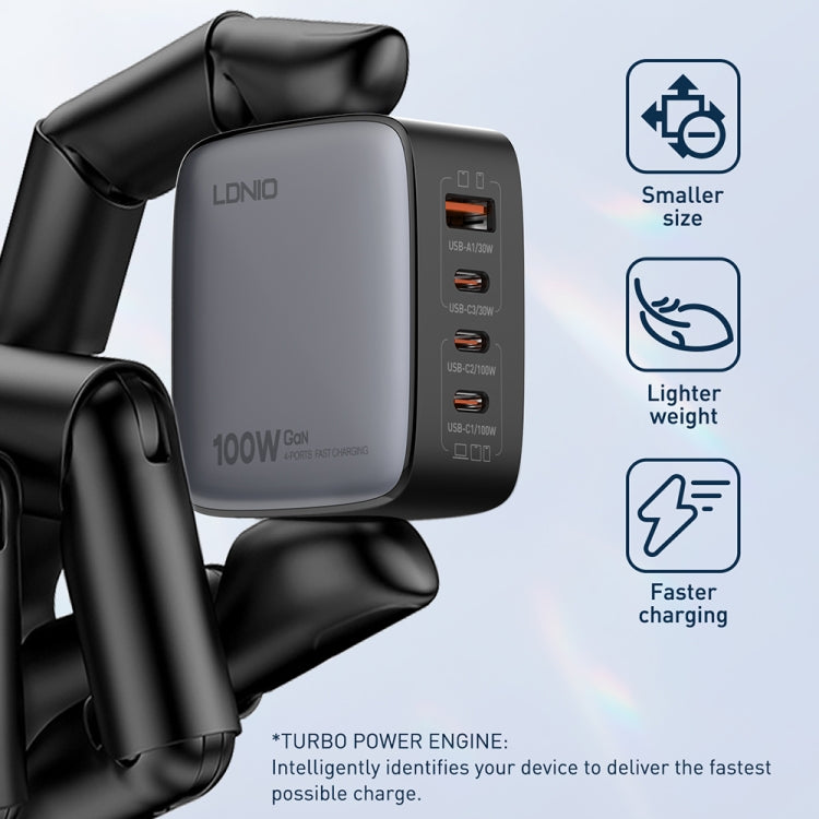 LDNIO Q408 100W GaN USB+3 USB-C / Type-C Interface Charger with 1m 100W USB-C / Type-C to USB-C / Type-C Data Cable, Plug Type:UK Plug(Black)