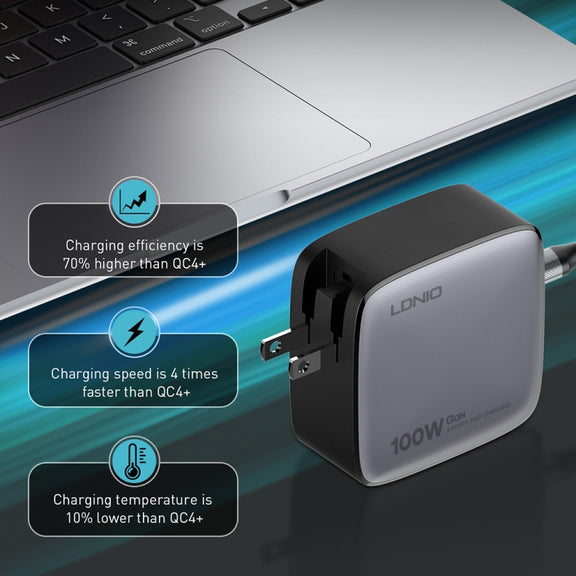 LDNIO Q408 100W GaN USB+3 USB-C / Type-C Interface Charger with 1m 100W USB-C / Type-C to USB-C / Type-C Data Cable, Plug Type:US Plug(Black)