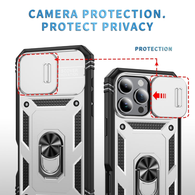 For iPhone 16 Pro Max Sliding Camshield TPU + PC Phone Case with Holder(White+Black)
