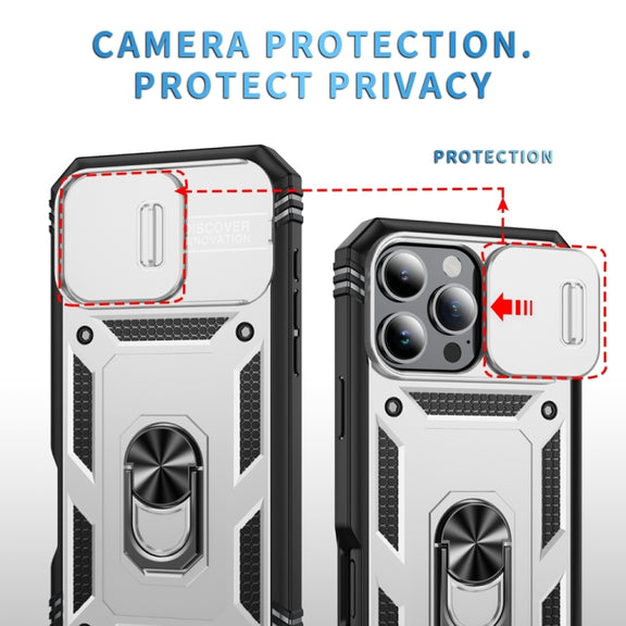 For iPhone 16 Pro Max Sliding Camshield TPU + PC Phone Case with Holder(White+Black)