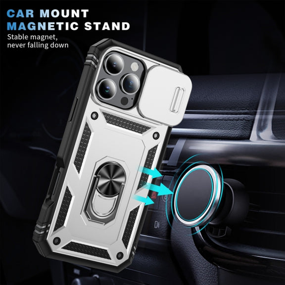 For iPhone 16 Pro Max Sliding Camshield TPU + PC Phone Case with Holder(White+Black)