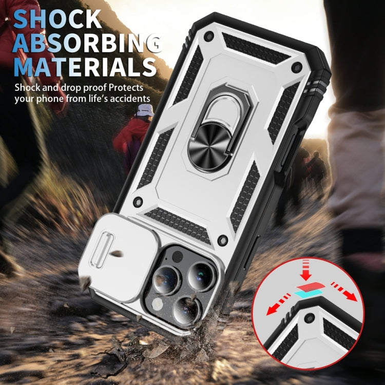 For iPhone 16 Pro Max Sliding Camshield TPU + PC Phone Case with Holder(White+Black)