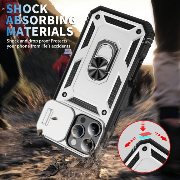 For iPhone 16 Pro Max Sliding Camshield TPU + PC Phone Case with Holder(White+Black)