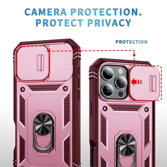 For iPhone 16 Pro Sliding Camshield TPU + PC Phone Case with Holder(Pink+Rose Red)