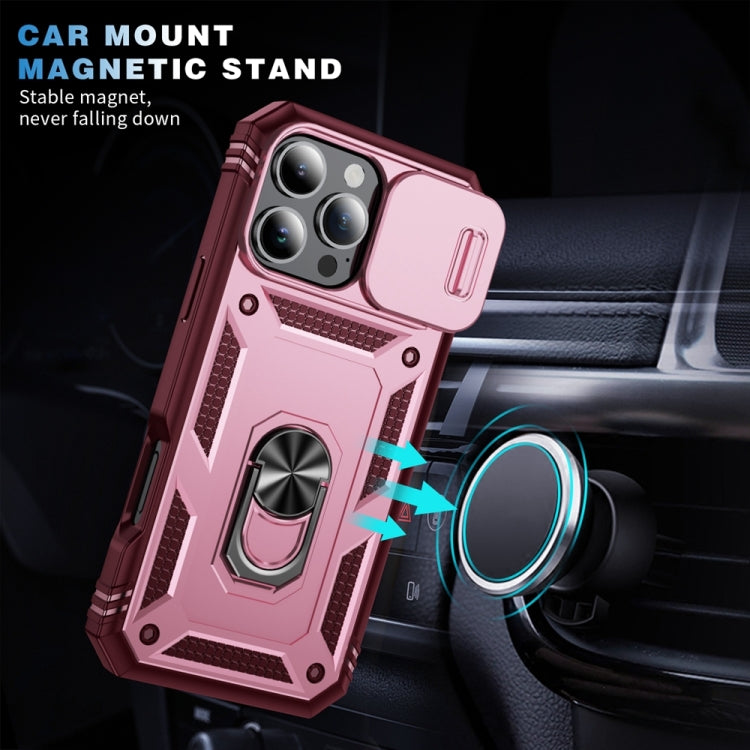 For iPhone 16 Pro Sliding Camshield TPU + PC Phone Case with Holder(Pink+Rose Red)