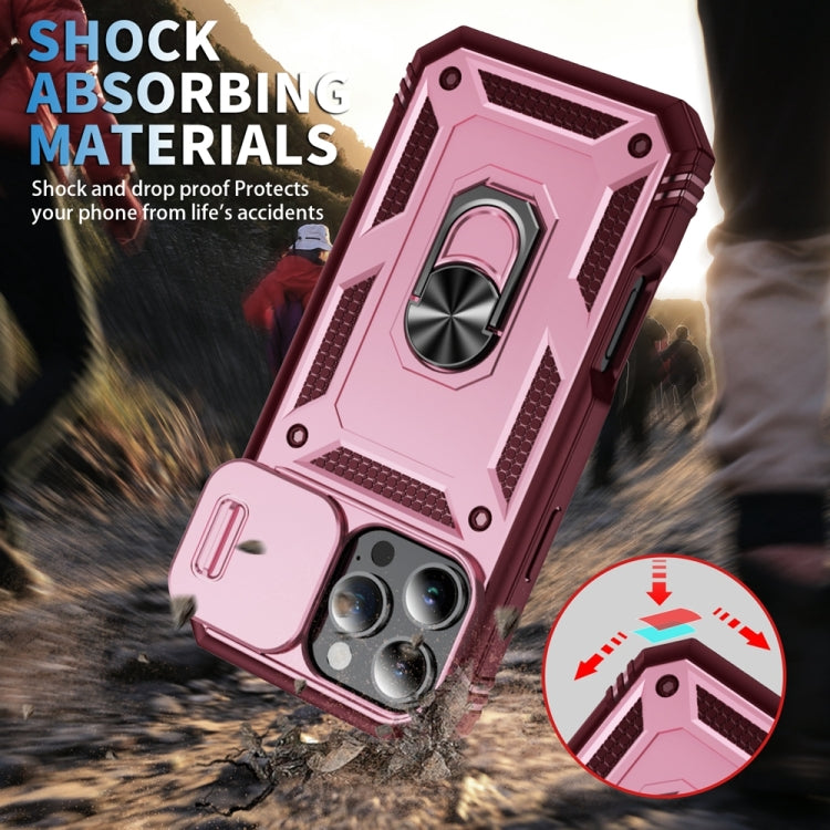 For iPhone 16 Pro Sliding Camshield TPU + PC Phone Case with Holder(Pink+Rose Red)