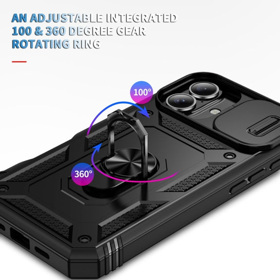For iPhone 16 Plus Sliding Camshield TPU + PC Phone Case with Holder(Black)