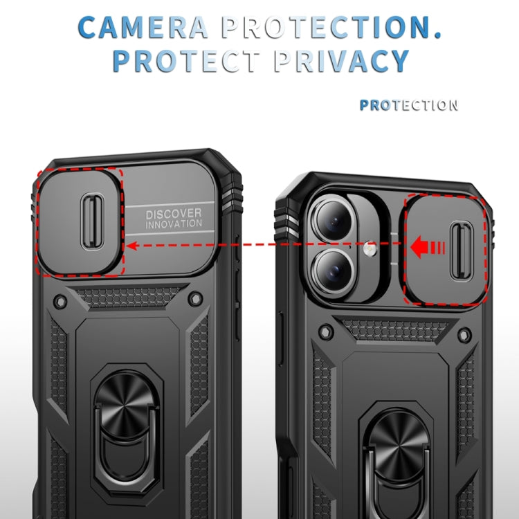 For iPhone 16 Plus Sliding Camshield TPU + PC Phone Case with Holder(Black)
