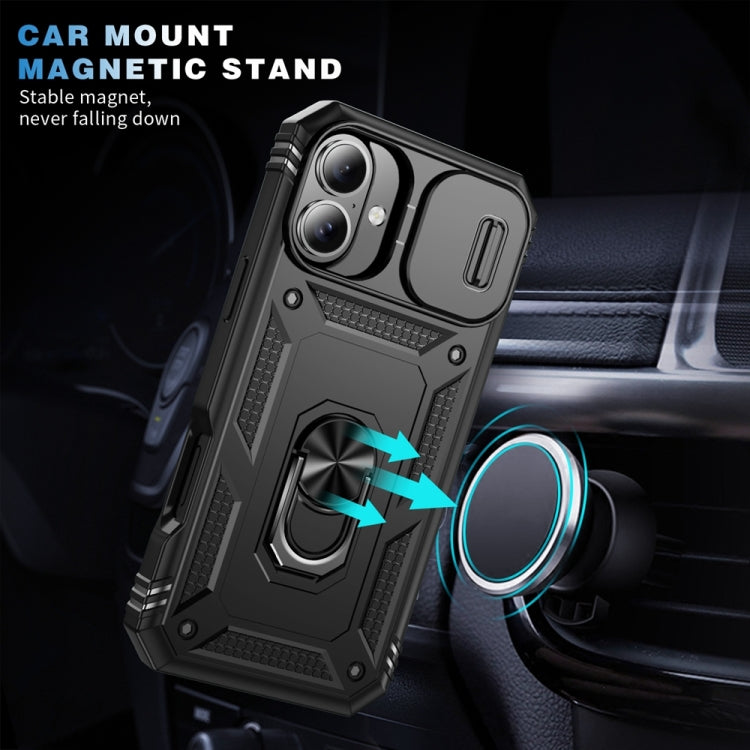 For iPhone 16 Plus Sliding Camshield TPU + PC Phone Case with Holder(Black)