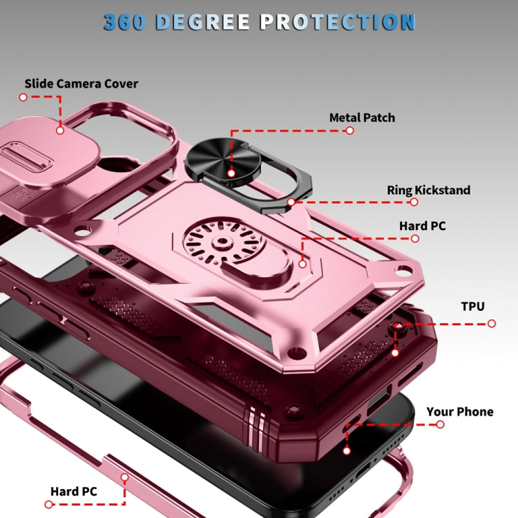 For iPhone 16 Sliding Camshield TPU + PC Phone Case with Holder(Pink+Rose Red)