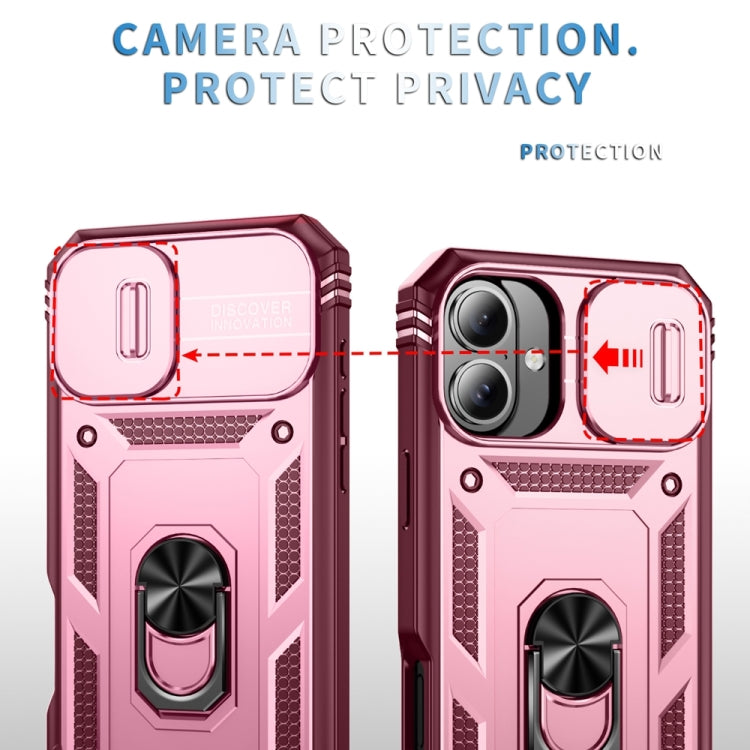 For iPhone 16 Sliding Camshield TPU + PC Phone Case with Holder(Pink+Rose Red)