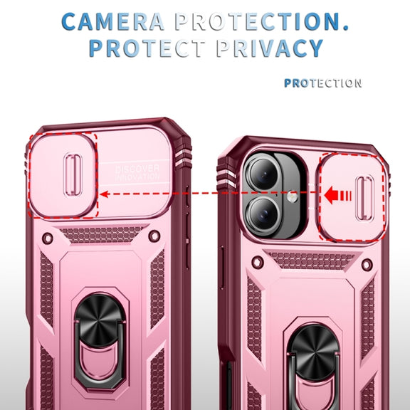 For iPhone 16 Sliding Camshield TPU + PC Phone Case with Holder(Pink+Rose Red)