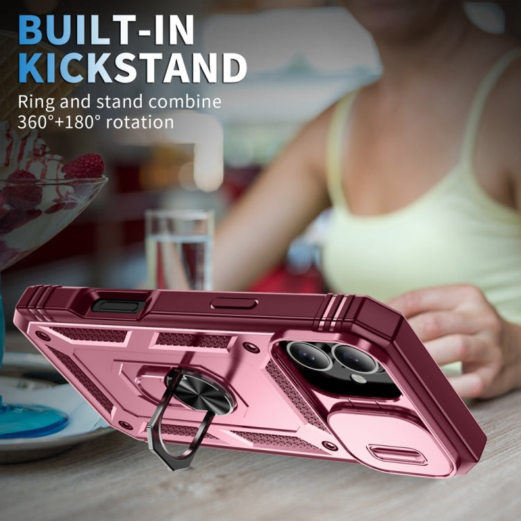 For iPhone 16 Sliding Camshield TPU + PC Phone Case with Holder(Pink+Rose Red)