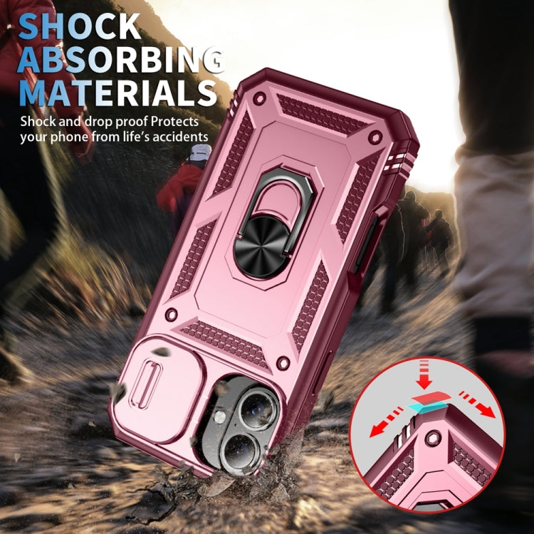 For iPhone 16 Sliding Camshield TPU + PC Phone Case with Holder(Pink+Rose Red)