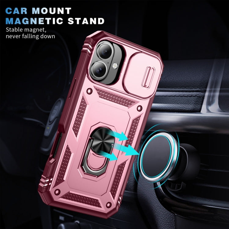 For iPhone 16 Sliding Camshield TPU + PC Phone Case with Holder(Pink+Rose Red)