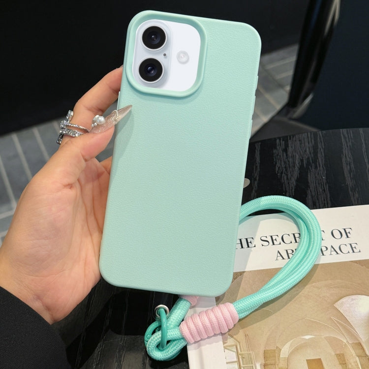 For iPhone 16 Leather Texture TPU Full Coverage Phone Case with Lanyard(Green)