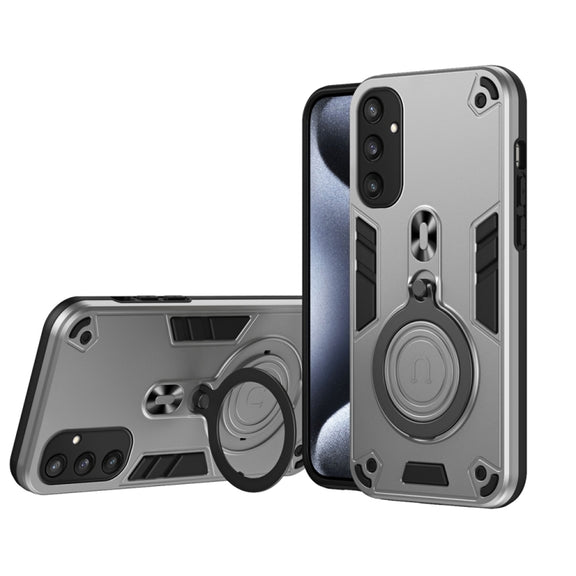 For Samsung Galaxy S25 5G Metal Ring 360 Degree Rotating Holder PC Hybrid TPU Phone Case(Silver Grey)