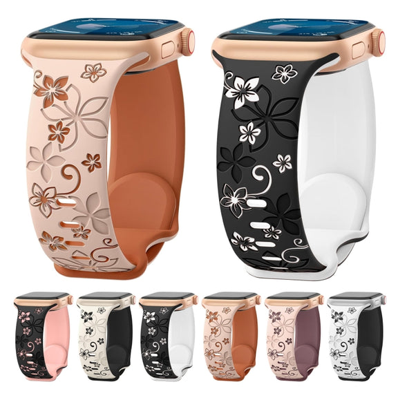 For Apple Watch Series 7 45mm Bauhinia Two-color Embossed Silicone Watch Band(Starlight Black)