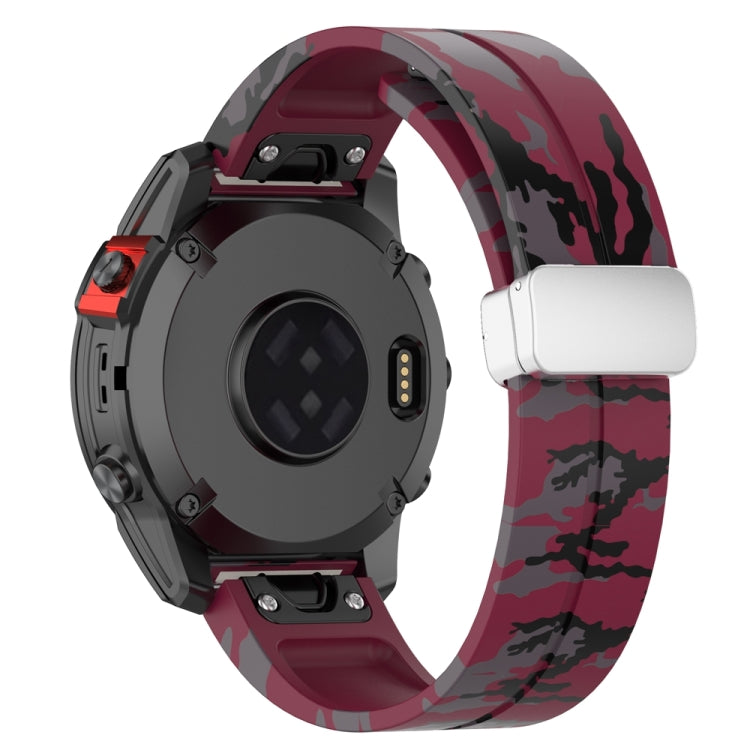 For Garmin Fenix 7S Magnetic Folding Silver Buckle Color Printed Silicone Watch Band(Camouflage Wine Red)
