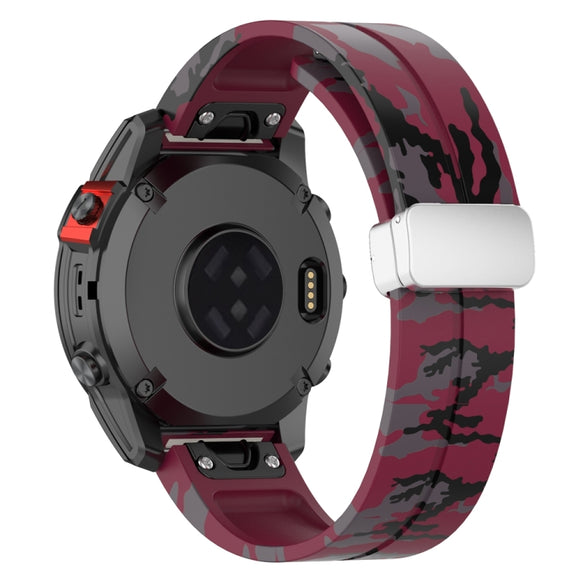 For Garmin Fenix 7S Magnetic Folding Silver Buckle Color Printed Silicone Watch Band(Camouflage Wine Red)