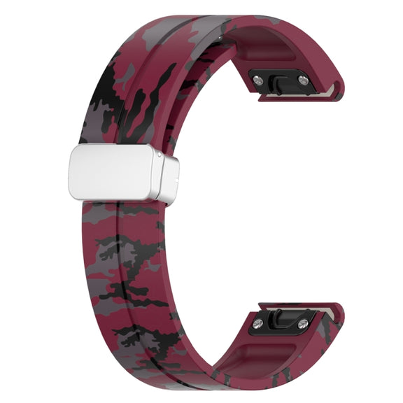 For Garmin Fenix 7S Magnetic Folding Silver Buckle Color Printed Silicone Watch Band(Camouflage Wine Red)