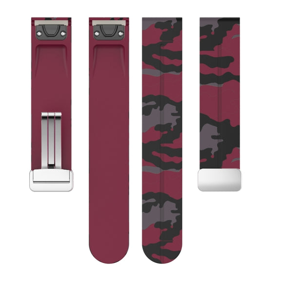 For Garmin Fenix 7S Magnetic Folding Silver Buckle Color Printed Silicone Watch Band(Camouflage Wine Red)