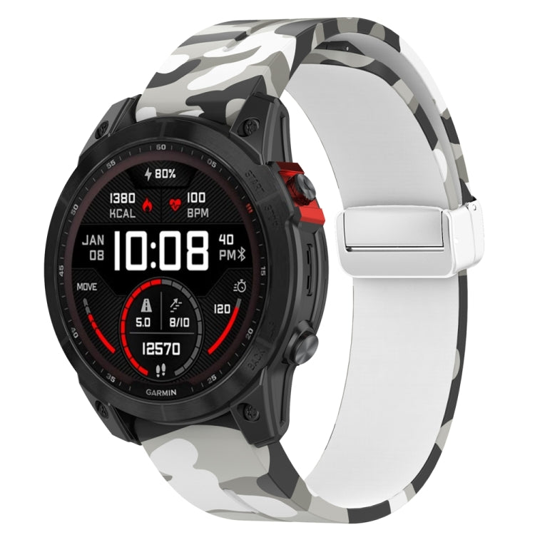 For Garmin Fenix 7 Magnetic Folding Silver Buckle Color Printed Silicone Watch Band(Camouflage White)