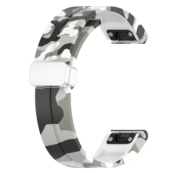 For Garmin Fenix 7 Magnetic Folding Silver Buckle Color Printed Silicone Watch Band(Camouflage White)