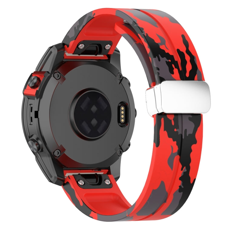 For Garmin Fenix 7 Magnetic Folding Silver Buckle Color Printed Silicone Watch Band(Camouflage Red)
