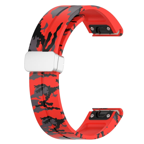 For Garmin Fenix 7 Magnetic Folding Silver Buckle Color Printed Silicone Watch Band(Camouflage Red)