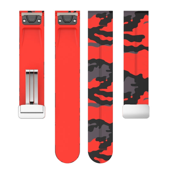 For Garmin Fenix 7 Magnetic Folding Silver Buckle Color Printed Silicone Watch Band(Camouflage Red)