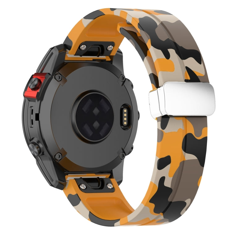 For Garmin Fenix 7 Magnetic Folding Silver Buckle Color Printed Silicone Watch Band(Camouflage Yellow)